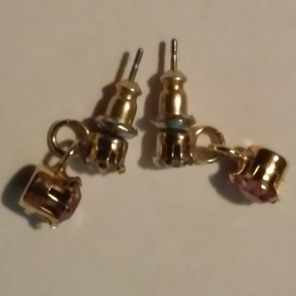 Pierced Earrings 2 Stones 1 Clear 1 Pink On Gold New